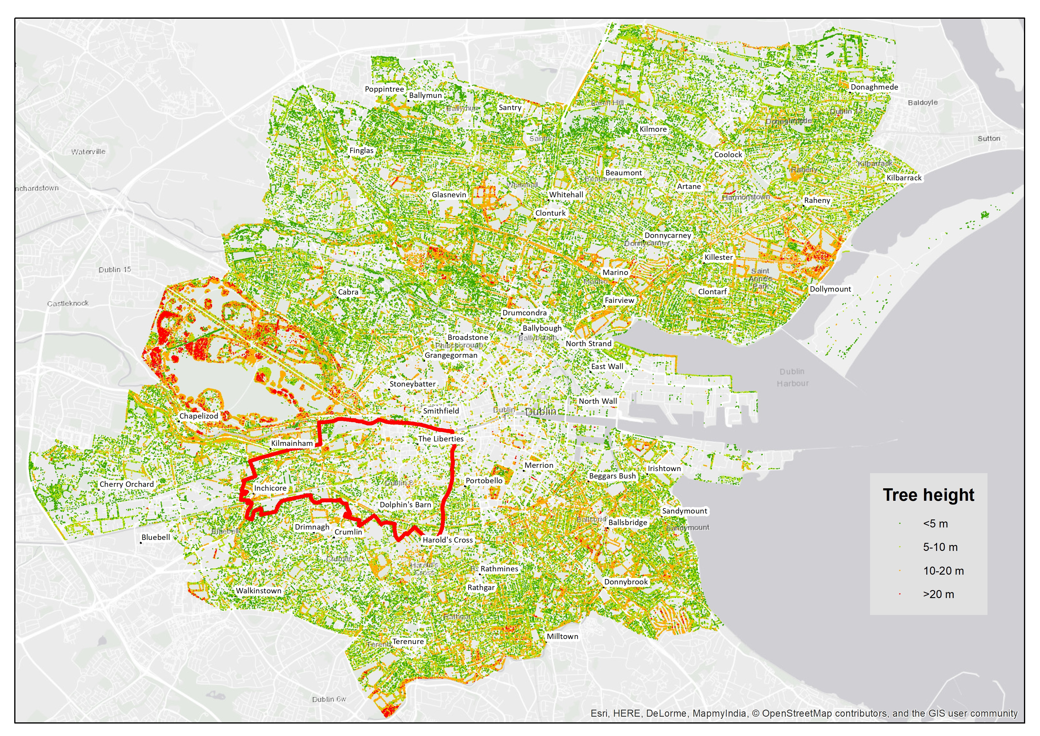 Aeriel map of Dublin showing tree coverage